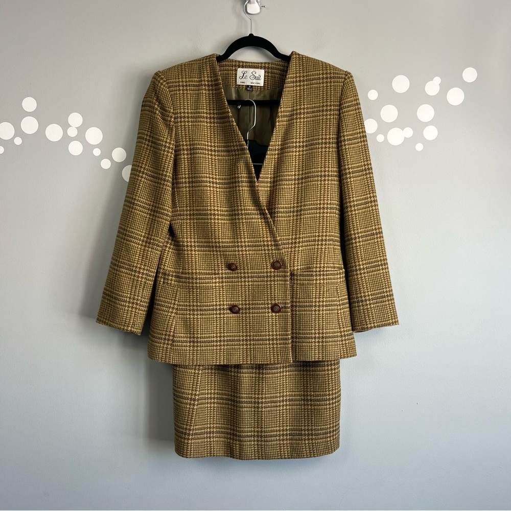 Le Suit Vintage 1980s Houndstooth Blazer Skirt Set Size 10